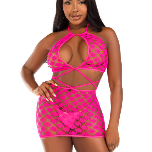 Keyhole Halter Hardcore Net Mini Dress - One Size - Neon Pink