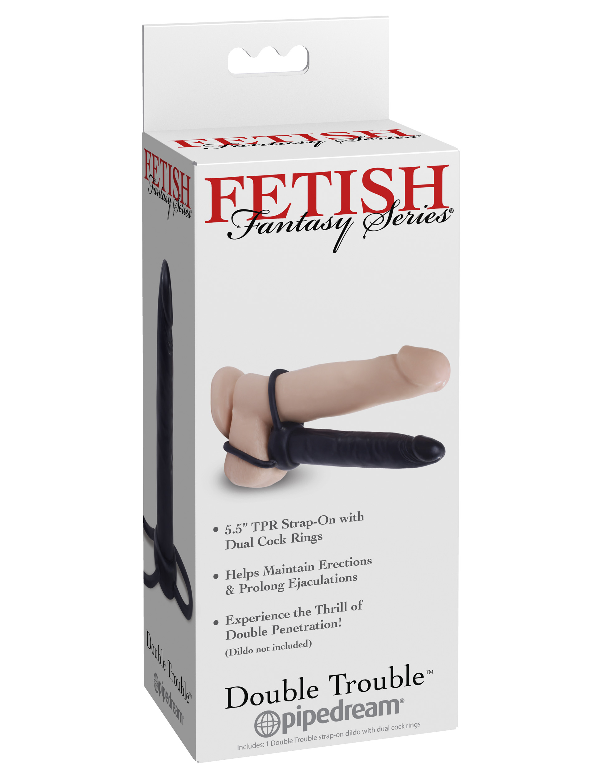 thanks to a smooth long shaft underneath that's ready to double the trouble. The dildo has a tapered tip for easy entry and is seamless all the way around. It's firm enough so that it won't bend during penetration but still feels great against your skin. 5.5" (14.4 cm) TPR Strap-On with Dual Cock Rings Helps Maintain Erections & Prolong Ejaculations Experience the thrill of Double Penentration