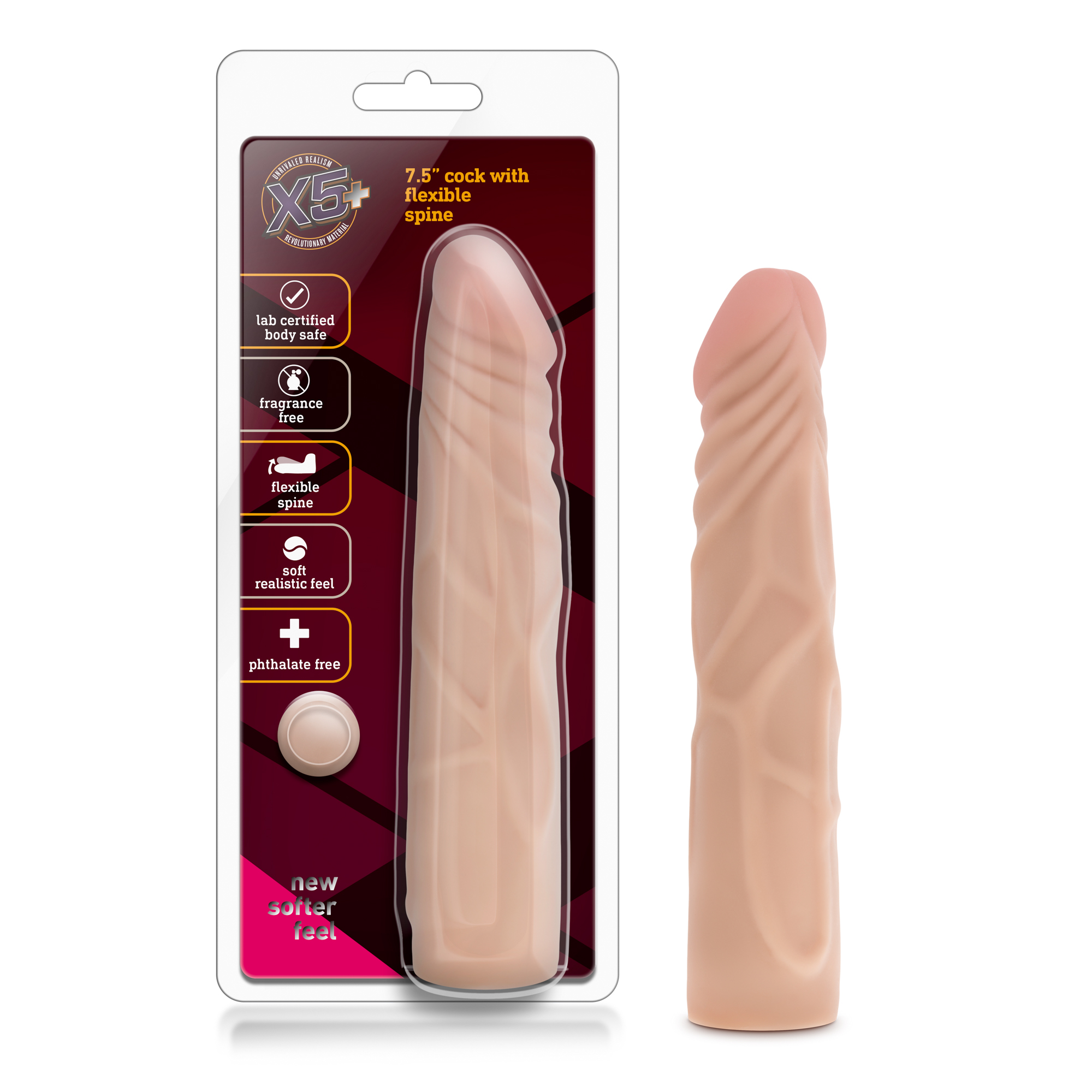 Made from X5 Ultra-Realistic material. It is skin-soft yet firm and it has an attractive flesh-tone color and truly feels like that of the human body. The 7.5 inch veined shaft adds a touch of realism. The elegant tip has just a blush color and feels as silky as mans most sensitive parts. Its flexible spine will allow you to bend and hold any position.