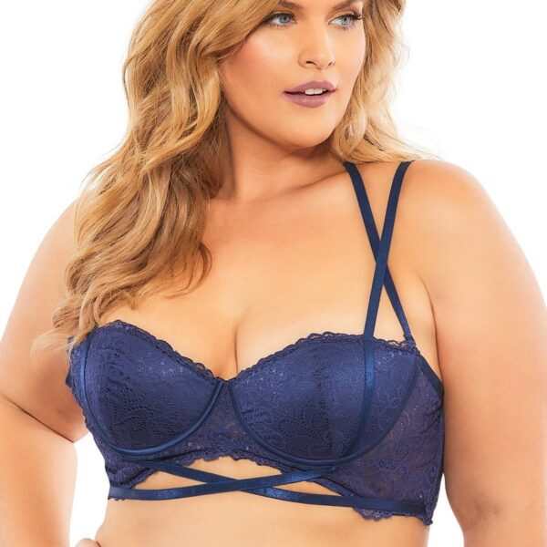Lace Push Up Balconette Bra With Crossing Halter Straps - Estate Blue - 3x