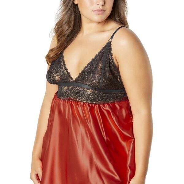 Lace Cup Satin Empire Body Babydoll With Contrast Color Piping + G-String - Black/red - 3x4x
