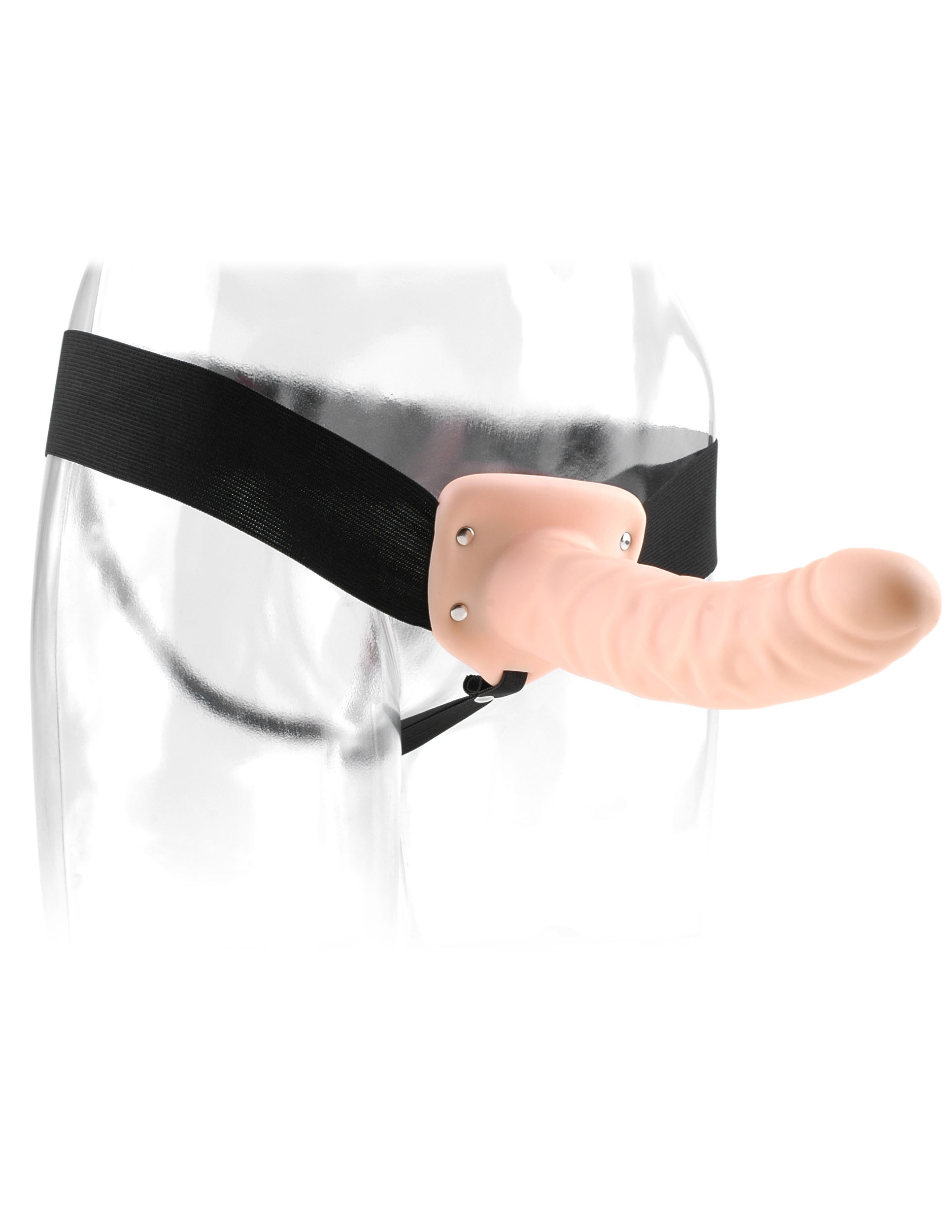 Haven't you always wanted to hang with the big dawgs and feel more confident about your size? Your lover knows that size does matter and nobody can fulfill your fantasies and satisfy a partner like a hung stud can. Now you can have the length and girth you have always dreamt of and be all the man you can be with the 8-inch Hollow Strap-On! Say goodbye to embarrassing midway letdowns and say hello to a satisfying smile from your lover. The comfortable elastic harness easily adjusts to fit most sizes