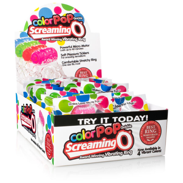 The Screaming O Vibrating Ring is the award-winning sex secret that helps couples have better more satisfying sex. With pleasure knobs for him and ticklers for her couples enjoy mutual stimulation with vibration that buzzes throughout the entire ring. Now available as a convenient ColorPoP Quickie couples can enjoy vibrant vibration at home or on the go with a disposable design they can take anywhere.