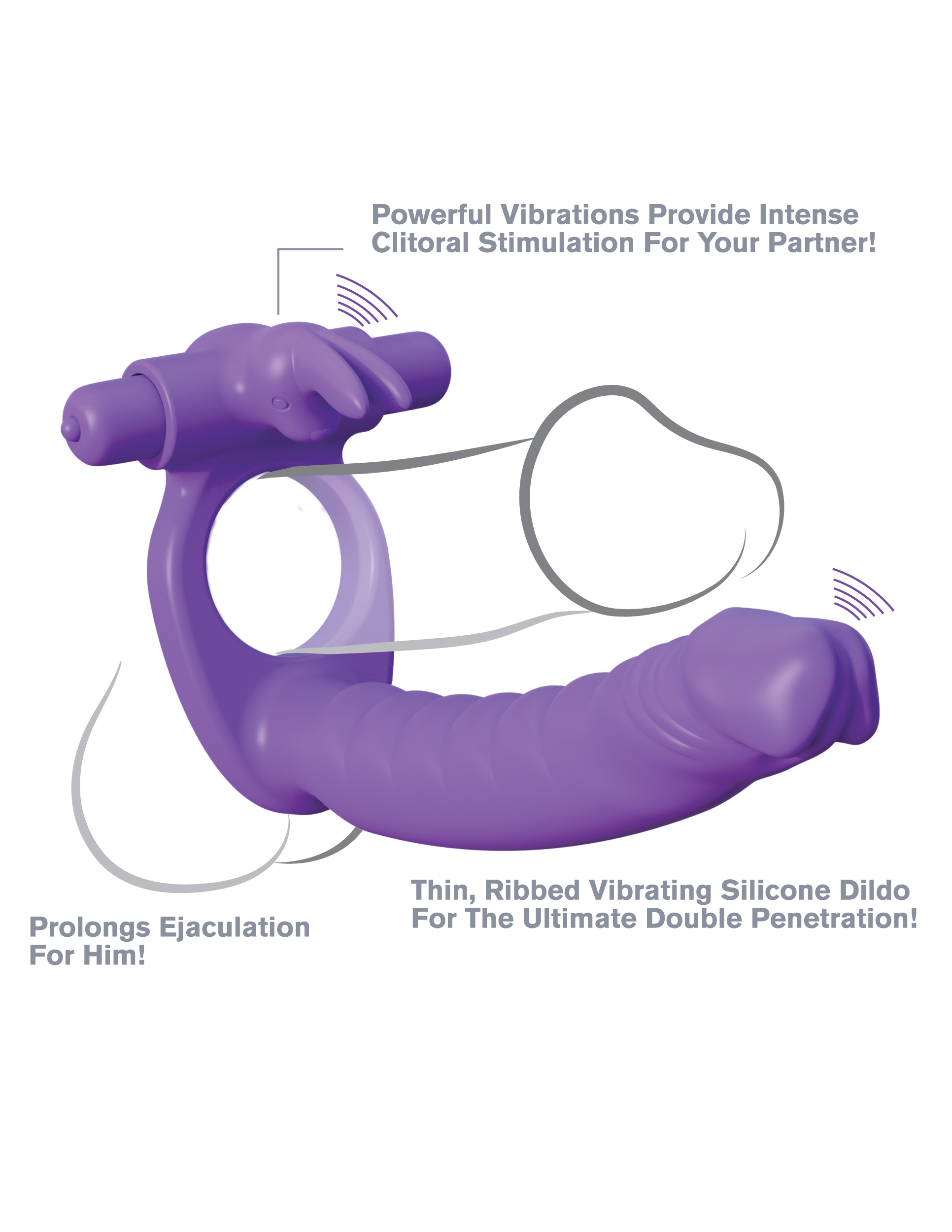 while two powerful bullets provide thrilling vibrations you both will enjoy! One bullet sits on top of the ring and slides into the rabbit clitoral stimulator and the other slides inside the base of the silicone dildo for vibrating anal stimulation. The smooth silicone dildo features small round pleasure ribs that feel great with every thrust. The vibrating ring keeps him longer and stronger than ever before while you both enjoy mind-blowing vibrations where you want them most! With the push of a button