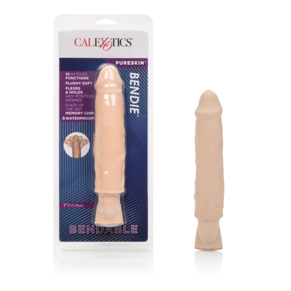 Life-like plushy soft unscented maintenance free dual density Pure Skin multi-function dong. Quiet flexing vertebrae allows bending in any direction. 10 sensational functions of vibration pulsation and escalation. Powerful motor positioned in the tip. EZ push button control with state-of-the-art memory chip that resumes last function used. Automatic on and off button.