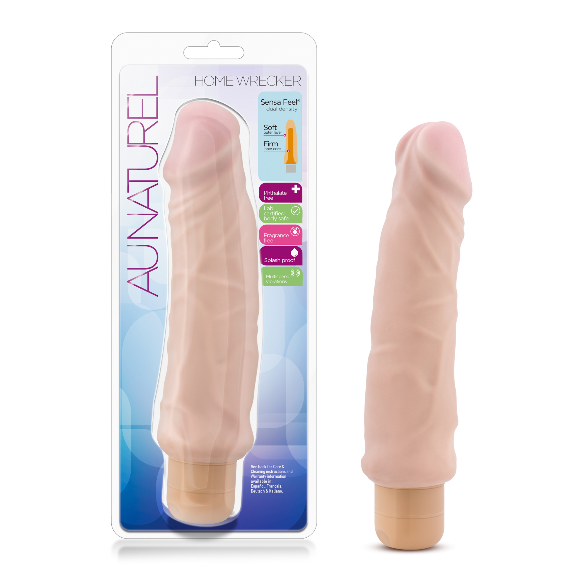 Say hello to Home Wrecker from the Au Naturel collection. Made with Blushs new Sensa Feel Dual density technology Home Wrecker is perfectly soft to the touch while its inner core is firmer to maintain rigidity - just like a hard erect cock should feel. Not for the faint at heart Home Wrecker has enough girth to satisfy the most experienced demanding lover and has a veined shaft that vibrates. Power Home Wrecker up with 2 AA batteries and twist the base to control the desired speed.