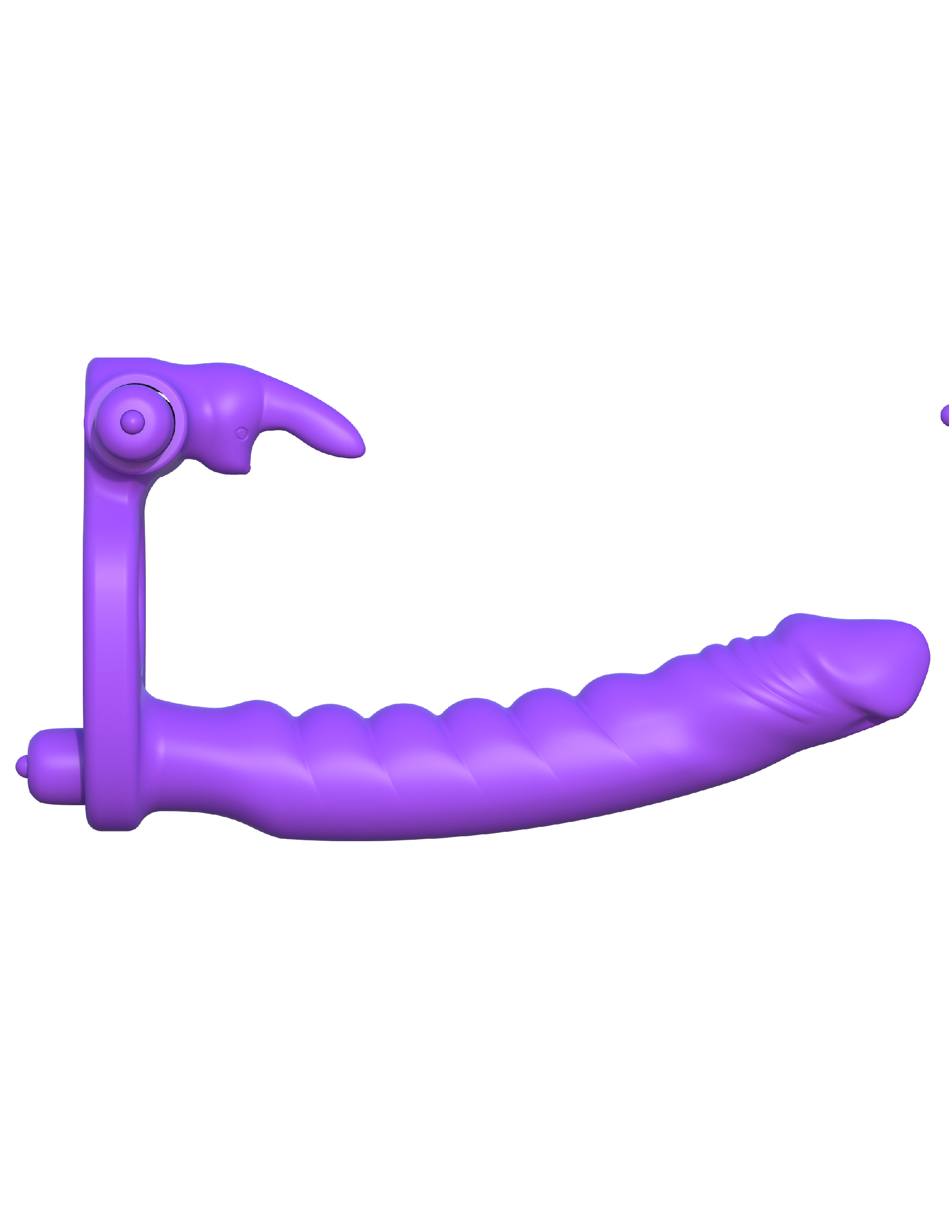 this dual-bullet double penetrator features a ribbed silicone dildo perfect for exploring your D.P. fantasies. The stretchy silicone cock ring puts a clamp on performance letdowns by delivering a tight squeeze to his shaft