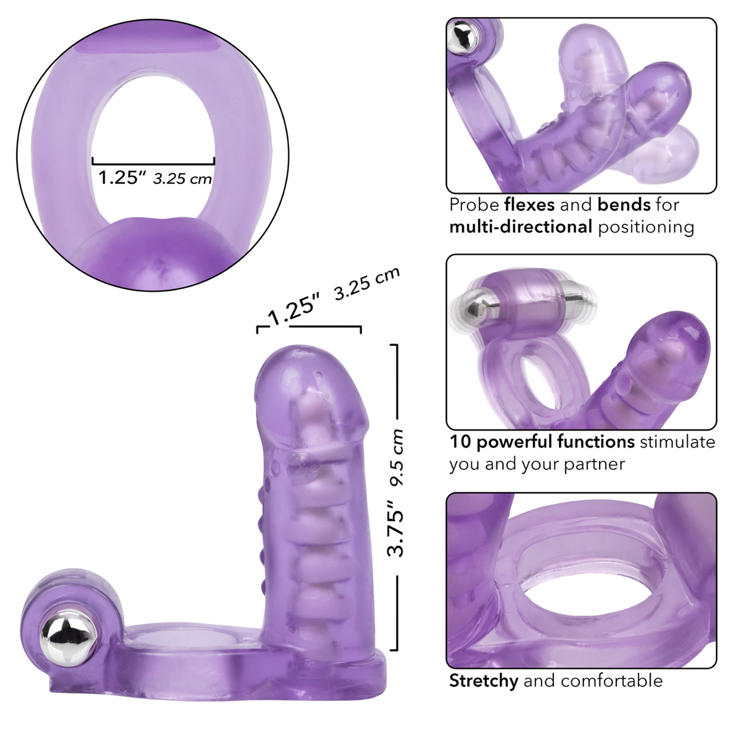 and measures a compact 4" x 1.2" (10 x 3cm). The sleek erection keeper ring boasts a sensually swirled