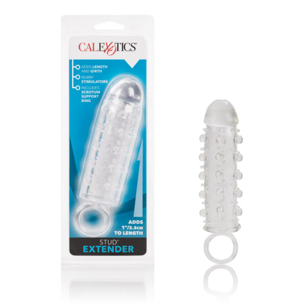 Soft textured and stretchy penis extender adds girth plus 1inch nubby stimulator adds extra stimulation support ring for a secure fit.