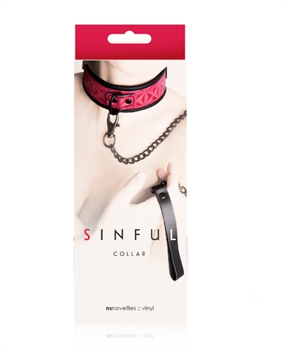 Get kinky in pink with the Sinful line. The collar is made of stamped Vinyl around a Neoprene liner ensuring no unnecessary discomfort to your play partner. The high quality construction and materials ensures worry free repeated use. Add a spark of excitement to your play time. Adjustable collar and leash. Designed for extended wear.