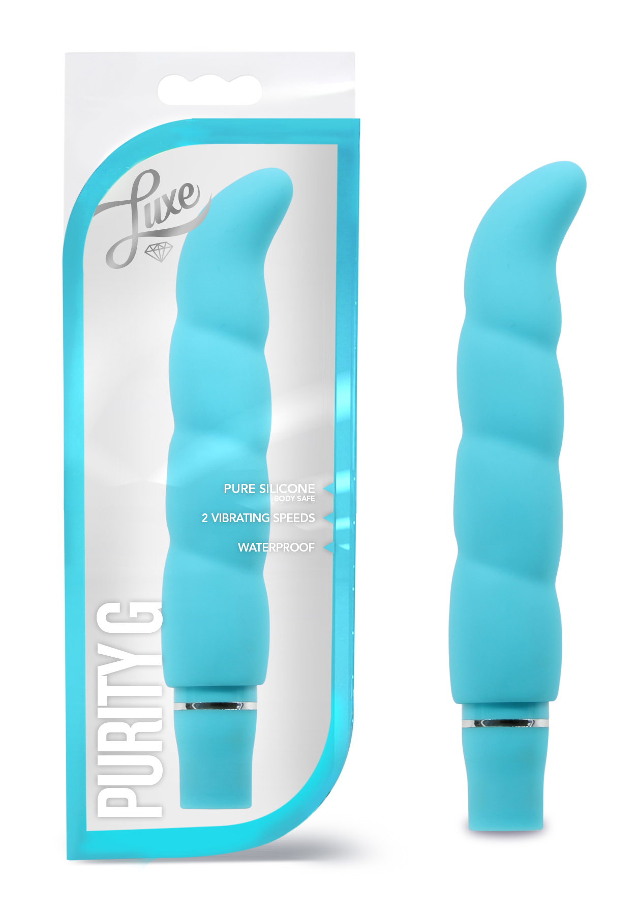 Purity G's seductive shape expresses the spirit of Blush Novelties' Luxe Line. Gorgeous to behold and sensuous to the touch with a smooth satin finish motion her duet of push button vibrations with 1 AA battery. Made of ergonomic G-spot curve. Purity G has a waterproof motor to ensure safe shower play. Now with 10 vibrating functions!