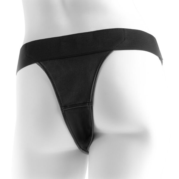 This indredibly comfortable Crotchless Harness is designed with an opening between the legs for easy access to your most pleasurable parts. The soft vinyl material prevents chafing and feels great against the skin while the thong-style back offers sleek and sexy style. The durable elastic waistband comfortably fits waists up to 60-inches and features a velcro strap for easy adjusting. Theres no need for an O-ring most dongs fit snug thru the 1.5-inch hole keeping everything in place when the action heats up.