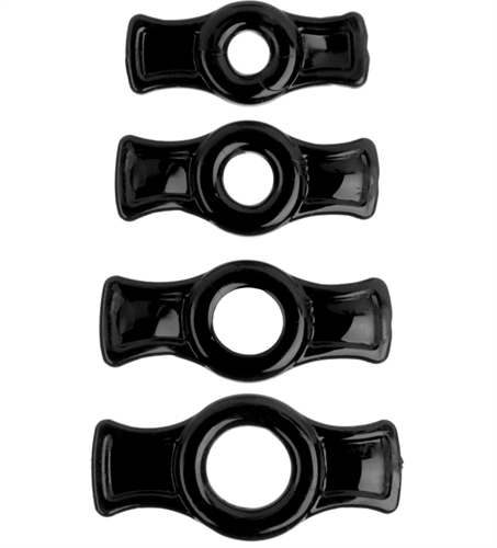 Enhance your member with the most convenient and manageable cock rings available. These TitanMen Tools Cock Rings stretch to fit with the aid of easy to grip side tabs. Each set contains 4 rings ranging in size from .4 to 0.75 inches un-stretched. The largest flexible ring can accommodate up to a 3 inch diameter shaft. The rings are easy to place and remove even with slippery hands because each tab features a thick border allowing the rings to be adjusted with ease.