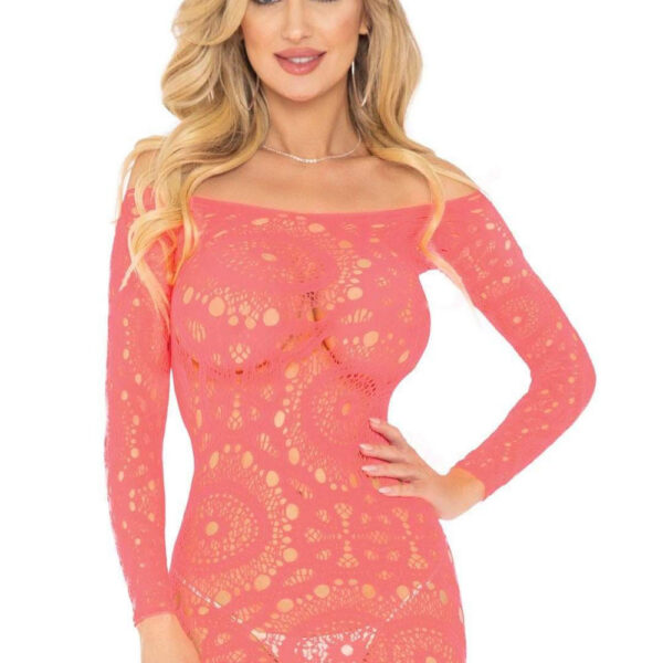 Crochet Lace Long Sleeve Mini Dress - Coral - One Size