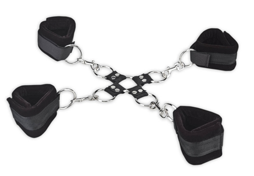 Not for the uninitiated this industrial-strength hogtie set lets you completely incapacitate your lover and get down to business. Stainless steel hardware and padded Velcro Cuffs because after all one should be comfortable when hogtied. <br><br> MEASUREMENTS: <br>  6" x 2.5" x 10" (15.24 cm x 6.35 cm x 25.4 cm)