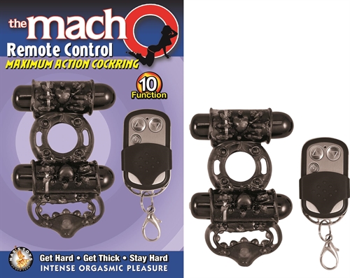 The Macho Remote Control Maximum Action Cockring boasts 10 functions powered by two bullets. This dual-cockring is waterproof and remote powered