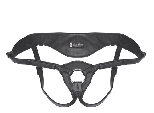 Get deep with the Patent Leather Strap-On Harness. This sexy supple leather harness can accommodate any dildo with a flared base and includes 2 rubber holder rings. Perfect for new initiates just discovering the joys of deep penetration or for experts looking to add another tool to their arsenal. 4-way adjustable straps fit hips up to 60-inches.