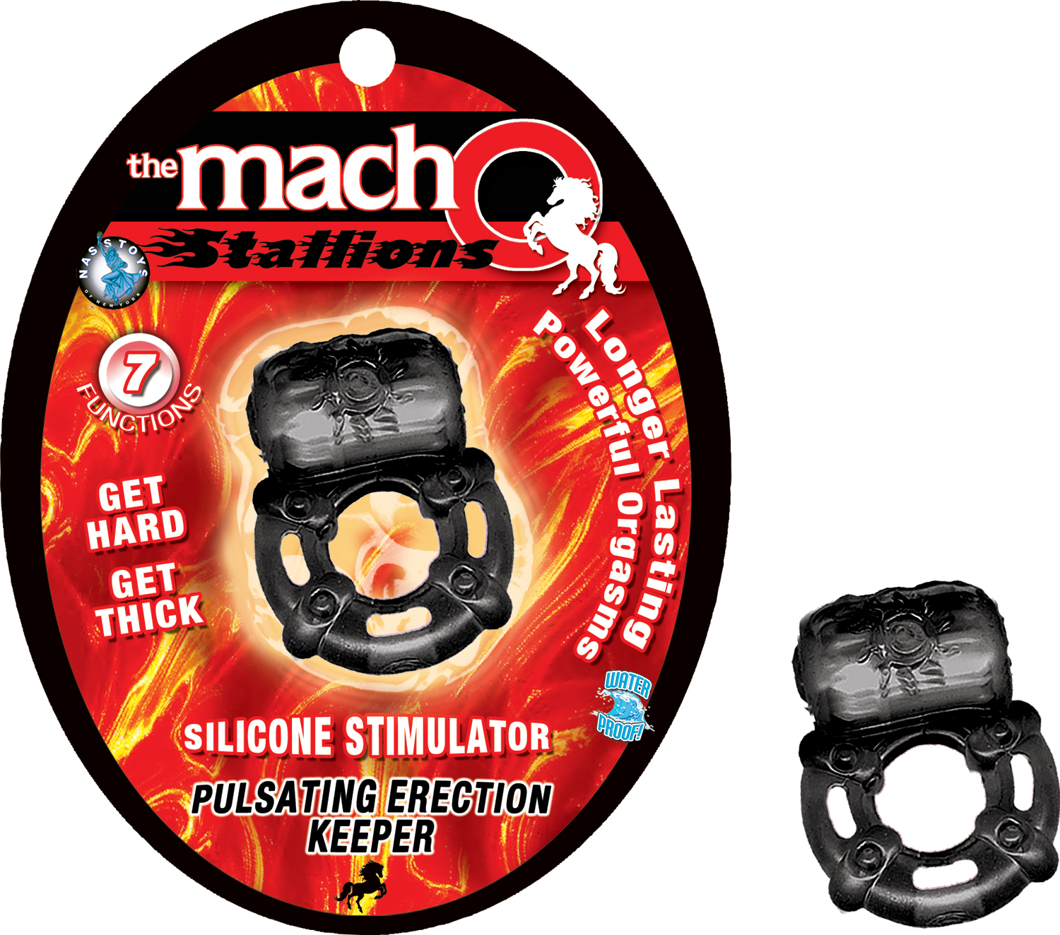 get thick with the Macho Stallions Pulsating Erection Keeper. Have longer lasting and powerful orgasms. Silicone stimulator with 7 functions and an easy one touch on/off button. Vibrating clitoral stim-u-nubs. Phthalate free 2 AG10 batteries included Length: 2"