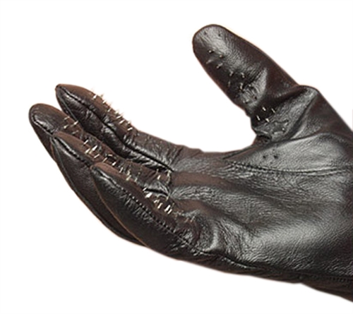 Thin leather gloves with prickly metal points on palms and finger tips. Size medium