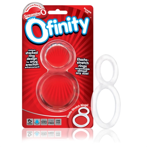 The Ofinity double erection ring gives men an (almost) eternal erection! Its isolation design constricts blood flow for concentrated enhancement that lasts and lasts and accomodates almost any size member. This stretchy cock ring has one purpose: to help keep his erections harder for longer while helping to prevent premature ejaculation. Simply stretch the top ring around the shaft and the bottom ring around the testicles and postion them against the base of the body-they will fit tight and snug in order to slow circulation and help him maintain a stronger erection and last longer in the bedroom. This dual action sex toy for men also helps increase sensitivity and promotes more intense and powerful orgasms