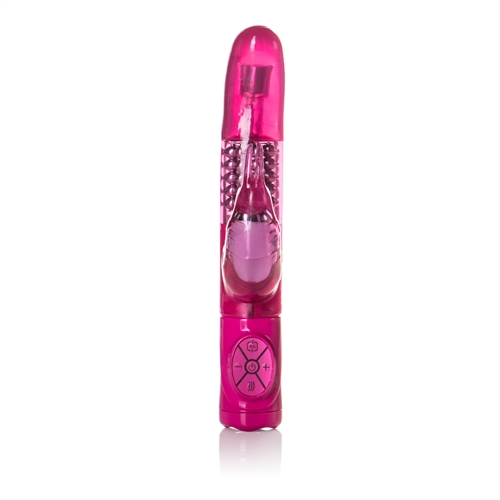 a soft curved G-spot tip and a contoured bunny shaped clitoral teaser. The easy push button ABS controller allows you to customize your ecstasy experience as you go. If you need to pause the action