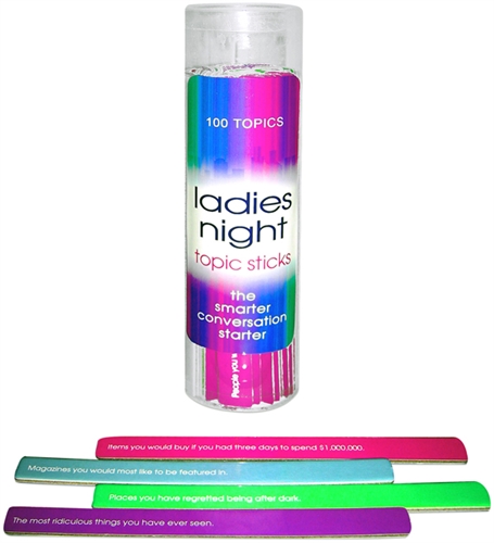 Ladies Night Topic Sticks offers 100 topics which can be attractively displayed in a decorative vase bowl or placed as a centerpiece of conversation starters.