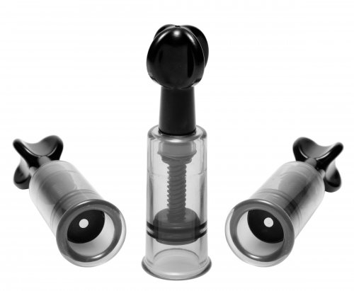 Enjoy powerful suction with this triple set of deviously sized suction cylinders. Simply apply to any area that would benefit from increased sensitivity and blood flow. No pumps or accessories needed. These self-contained suction devices work with a simple twist for a powerful grip. Lubed internally for smooth movement and a strong seal that makes for a memorable sucking session.