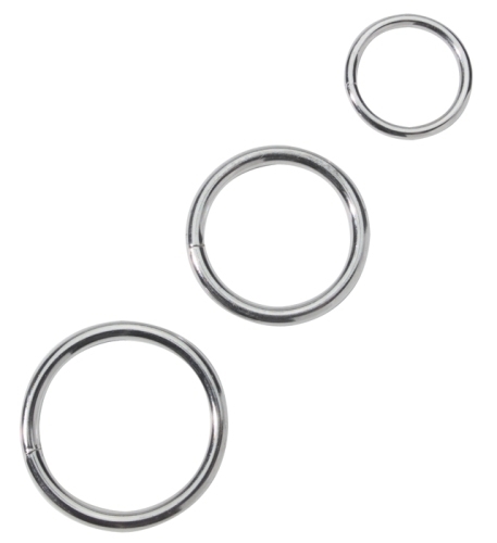 The largest of the three rings encircles the cock and balls while the second largest ring goes around the cock and the smallest of the three rings is for the balls.