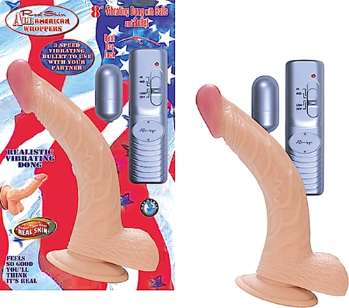 Real Skin 8in flexible vibrating curved dong with balls & suction cup base 2in vibrating bullet included to use with dual jack
