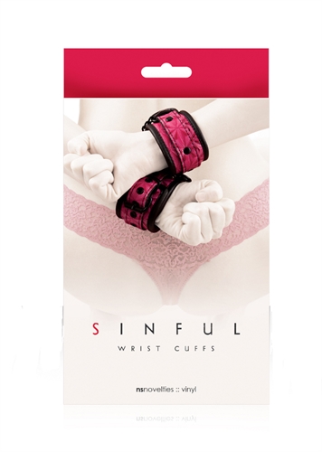 Get kinky in pink with the Sinful line. These wrists cuffs are designer worthy with their beautifully designed faux leather design laid over soft high grade neoprene for maximum comfort yet solid restraint. Made of high quality durable and long lasting materials. Add a spark of excitement to play time. Adjustable wrist restraints. Designed for extended wear.