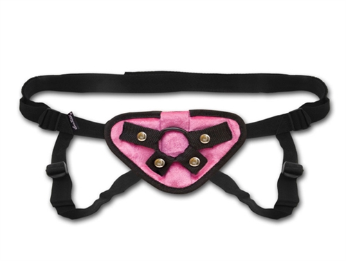 Give your partner the pleasure they deserve with the Pink Velvet Strap-On Harness. Features a comfortable secure harness in velvety fabric 4 way adjustable straps that fit up to 60-inch hips and perfectly placed bullet vibe pocket for endless clitoral stimulation. This strap-on can accommodate any dildo with a flared base and includes 2 rubber holder rings. <br><br> MEASUREMENTS: <br>  Hip strap fits up to 60" (152.4 cm)