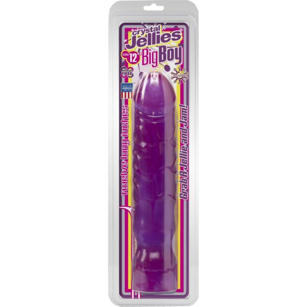Measuring 11.5 inches of insertable length with a thick body and big realistic head. The life like shape with a slight natural curve and thick raised veins for stimulation. Flexible purple rubber jelly gives you lots of work with in terms of positioning but firm enough to satisfy once its in place.