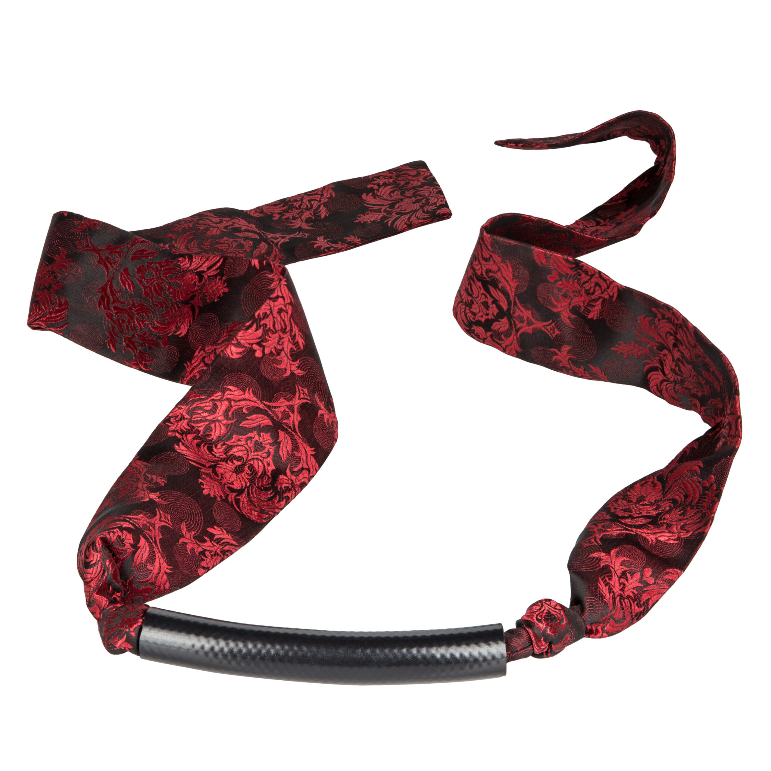 double-padded strap created with both comfort and unbeatable hold in mind. Bring to life those hidden desires when you tie the luxurious red and black brocade fabric above your lover's neck. Treat them to an evening of ecstasy or hours of tantalizing teasing until they're clinging to you on the brink of release. Feel how your senses heighten and explore with your partner as you learn to communicate with nothing but your touch and the sound of your moans. Materials: PVC plastic (bar) and polyester (ties)