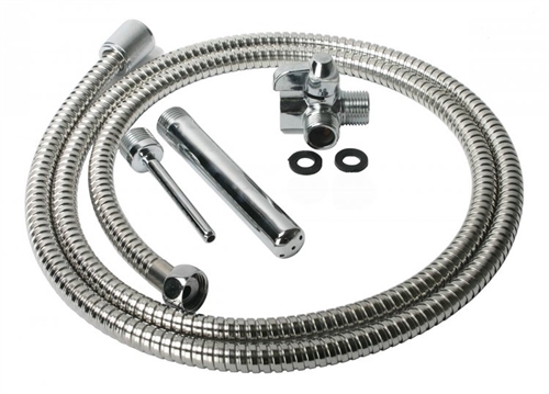 The Metal Shower System is a unique outfitted for use as a shower attachment making it convenient and comfortable to use in the privacy of the bathroom. This kit features both a 5 inch and 3.5 inch nozzle with a 6 inch metal bidet hose. The system connects to the shower with a valve control that directs water either through the nozzle or directly into the shower head. The Metal Shower System is designed for simple installation - no modifications needed to the existing shower faucets and the hose is easily removed for storage or travel. MEASUREMENTS: Hose: 6 foot Small nozzle: 3.5" (8.89 cm) Large nozzle: 5" (12.7 cm)