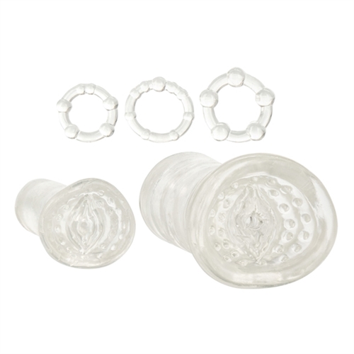 Masturbation made fun with the Masturbation Kit. Take pleasure to the next level with this set of three enhancement rings and masturbators. Get hard and stay hard with any one of the three textured enhancement rings. Discover sheer ecstasy with two generously sized