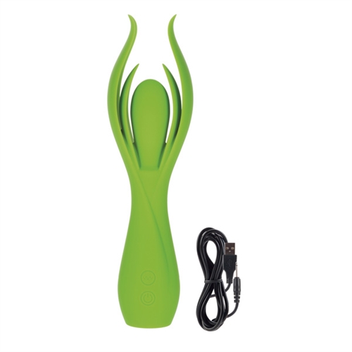 Silicone four petal massager. Intimately contoured for any woman. Full coverage petals for complete and total arousal. 10 intense functions of vibration battery runs for 2 hours on high speed 3 hours on low speed. Complete charge in 2 hours. Unscented non-porous hypoallergenic.
