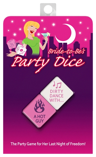 Player take turns rolling the dice. What it says on the dice is what the bride-to-be and the roller are supposed to do together as a dare. The first die reveals what they do and the second reveals who they do it with.