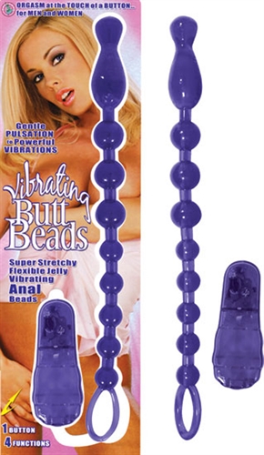 Stretchy flexible vibrating jelly anal beads with a vibrating tip to increase stimulation. 4 functions at a push of a button. Easy to clean. AA batteries not included
