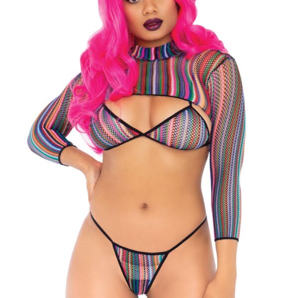3 Pc Fishnet Bikini G-String and Crop Top - One Size - Multicolor