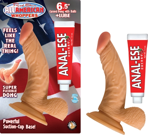Real skin 6.5-inch flexible dong with balls. Powerful suction-cup base. Harness compatible dong. 1.5 oz. flavored Anal-Ese lube included.