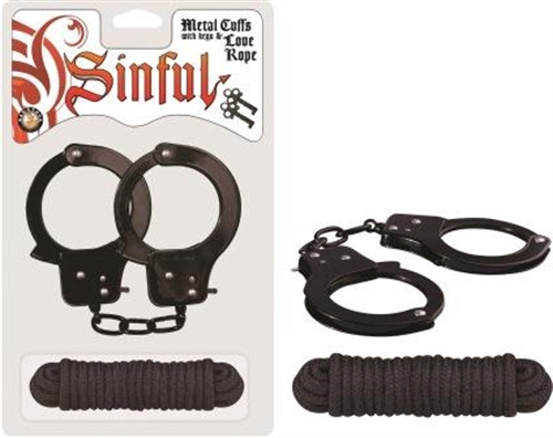 This Sinful set is comprised of iron cuffs with keys and soft cotton rope. Rope length is 118.11"