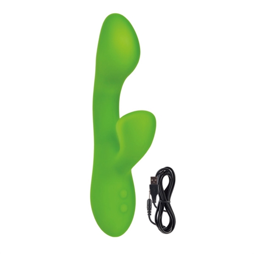Dual motor silicone massager. Intensely powerful dual motors. 5 functions of vibration pulsation and escalation plus independent incremental speed controls. Rechargeable Lithium Ion battery. Complete charge in 2.5 hours. Unscented non-porous hypoallergenic. Virtually seamless Satin Finish Silicone. Auto on and off button with LED indicator light. Security travel lock function. Whisper quiet. 100 percent waterproof. Easy-to-clean. Universal USB cord included.