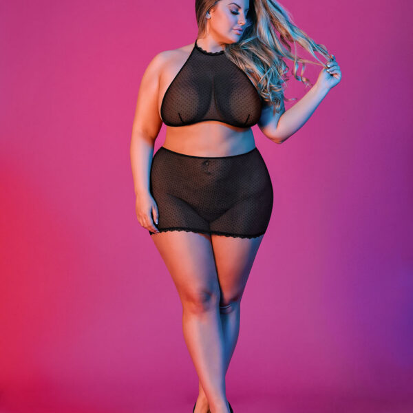 Sexy Time Polka Dot Mesh Halter and Skirt Set - Black - 1x-3x