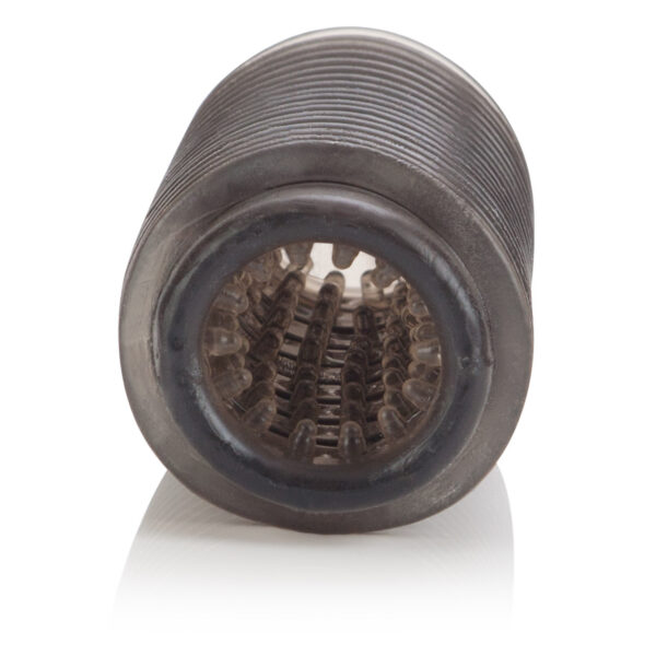 Soft tight and stretchy stroker with removable vibrating bullet. 10 functions of vibration pulsation and escalation. Push button controller with LED indicator and plug-in jack. Hold button for 3 seconds to turn off. Pleasure chamber with over 120 well placed ticklers. Ribbed exterior for a secure grip.