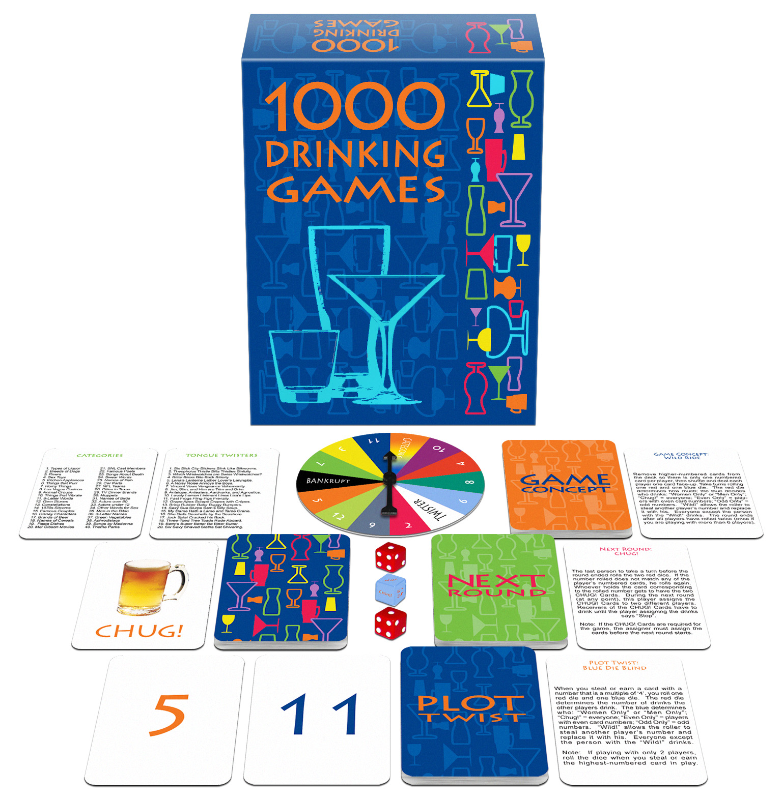 This set combines rounds of classic and new drinking games with off-the-wall plot twists and a variety of drink assignments. Includes- 10 Game Concept Cards 10 Plot Twist Cards 10 Next Round Cards 1 Categories Card 1 Tougue Twisters Card 11 Numerical Rank Cards 2 Chug Cards 1 Spinner 2 Regular Dice 1 Drink Assignment Die and Easy to follow instructions.