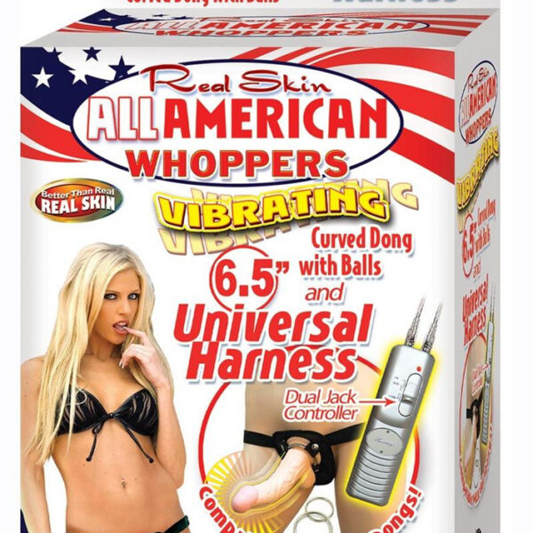 Realistic 6.5-inch vibrating curved dong with a universal strap on harness. Super flexible dong with balls feels so good you will think its the real thing. Adjustable for a custom fit with 4-snaps secure design. Two ring sizes included.