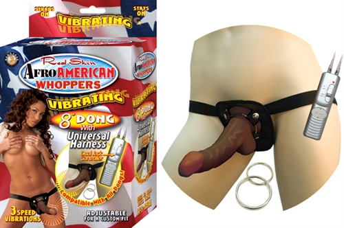 Realistic 8-inch vibrating curved dong with a universal strap on harness. Super flexible dong with balls feels so good you will think its the real thing. Adjustable for a custom fit with 4-snaps secure design. Two ring sizes included.