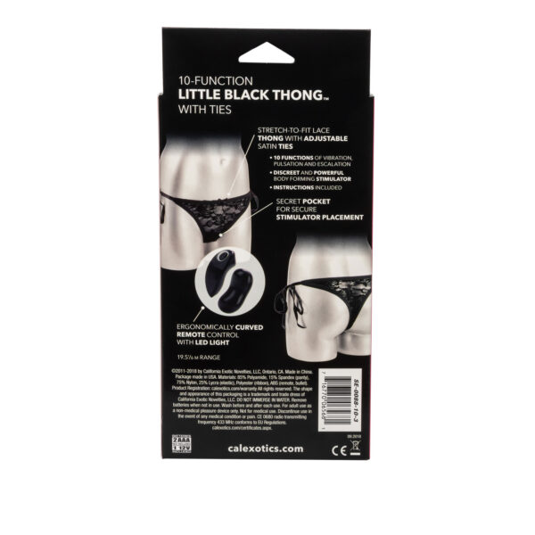 The perfect accessory for your little black dress. Stretch-to-fit sexy lace thong panty with adjustable satin ties and a secret pocket for secure bullet placement. Discreet and powerful remote control body forming curved bullet. 10 incredible functions of vibration pulsation and escalation. <br> Boxed Items