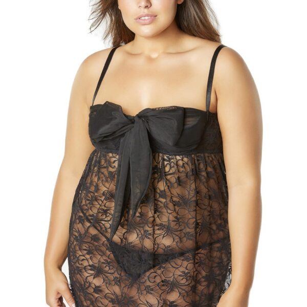Lace Empire Babydoll With Functional Tie Shelf Cups G-String - Black - 3x/4x