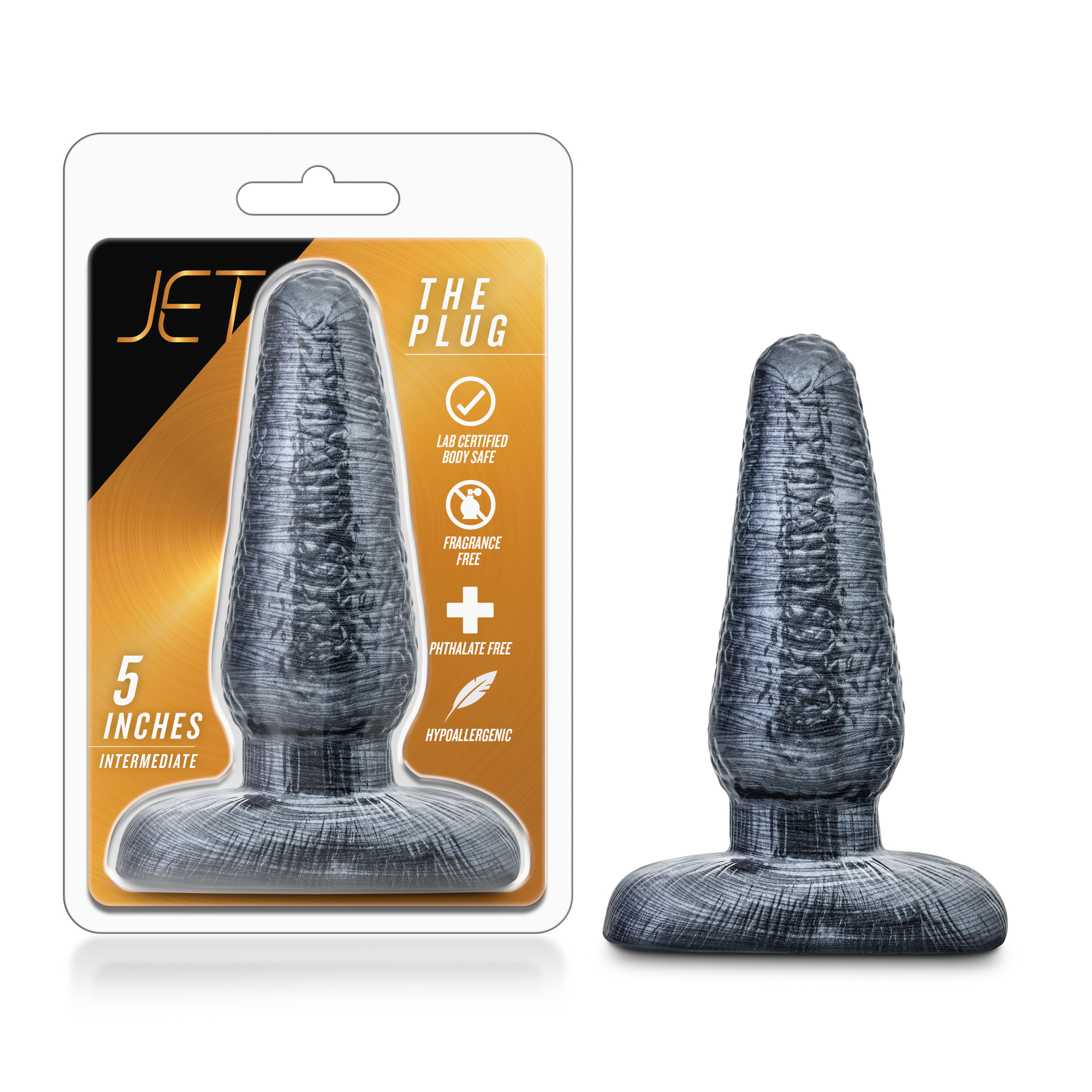 The Plug by Jet is a soft 5 inch butt plug with a suction base. It's classic taper is perfectly sized for anal satisfaction seekers. Just affix it to a flat smooth surface
